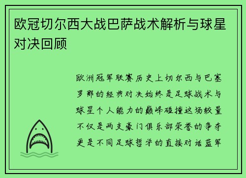 欧冠切尔西大战巴萨战术解析与球星对决回顾